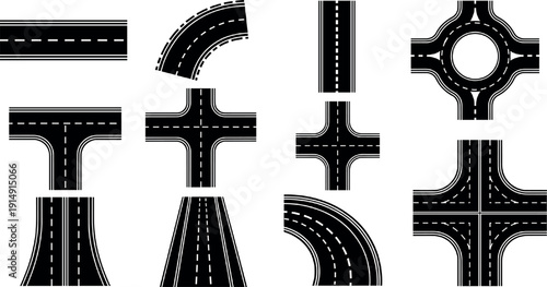 Road and Intersection Icon Set for Traffic, Highway, Navigation, Urban Infrastructure, City Planning, and Transportation Vector Design