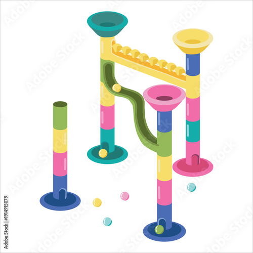 Colorful Wooden Marble Run Construction Set in Modern Flat Vector Style, STEM Educational Building Toy for Creative Learning and Motor Skills