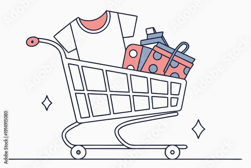 Shopping cart filled with various groceries and household items