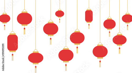 Hanging red lanterns suspended from above, creating a festive atmosphere in a cultural celebration, viewed from below.
