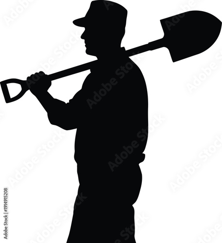 Farmer silhouette carries a sturdy garden shovel resting upon his shoulder.