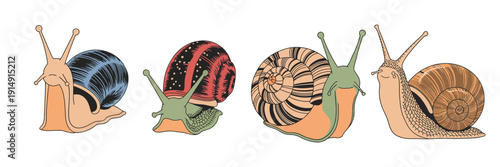 Cute Cartoon Snails Vector Set – Colorful Garden Gastropod Animals with Spiral Shells, Slow Slugs Illustration Collection, Flat Design Isolated on White Background