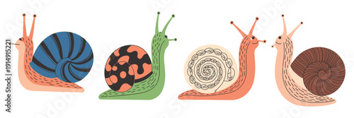 Cute Cartoon Snails Vector Set – Colorful Garden Gastropod Animals with Spiral Shells, Slow Slugs Illustration Collection, Flat Design Isolated on White Background