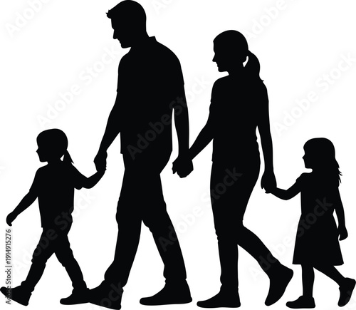 Family silhouette walks together holding hands across a clean white.