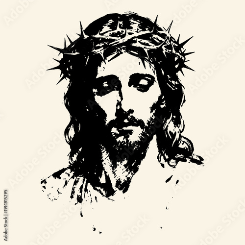 Crown of Thorns Religious Portrait Monochrome Grunge Illustration
