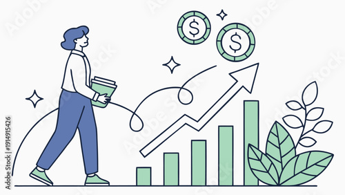 Woman celebrating financial growth with rising investment chart and green leafy plant