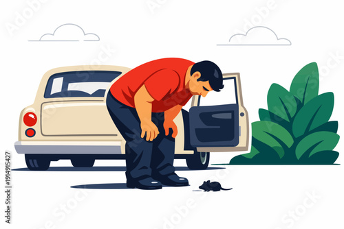 Man discovers a mouse next to his classic car, looking down in surprise. Pest infestation and rodent control vector illustration.