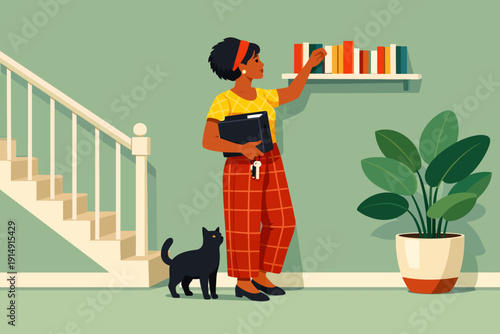 Modern illustration of a woman organizing books in a stylish home entryway with a black cat, plant, and staircase.