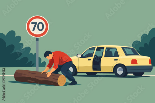 Road Blockage Removal: Man pushing a large fallen log off the street near a stopped yellow car and 70 speed limit sign.