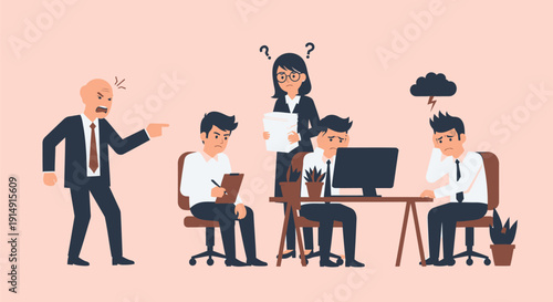 Stressful office scene with frustrated coworkers and boss