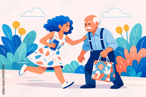 Happy young woman helping elderly man carry shopping bags in the park. Intergenerational relationship and assistance illustration.