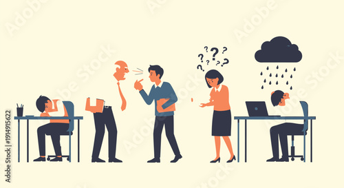 Vector illustration of stressed office workers with frustrated expressions isolated on beige background