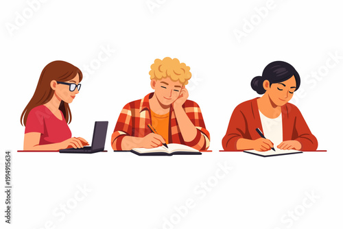 Diverse College Students Studying Together: Digital Learning and Note-Taking. Education and Teamwork Vector Illustration.