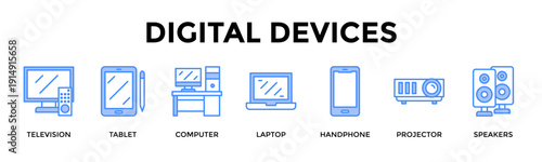 Digital Devices Banner Web Icon Set Collection Pack Vector Illustration Concept For Television, Tablet, Computer, Laptop, Handphone, Projector, Speakers
