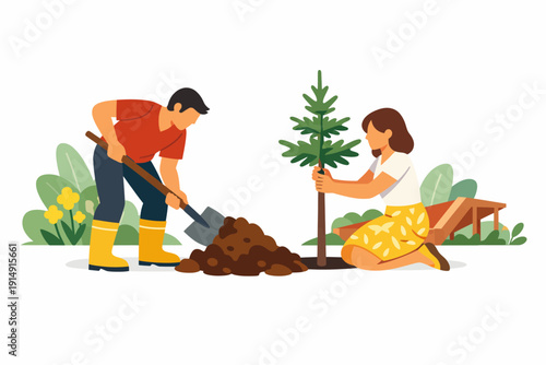 Happy couple planting a young tree sapling outdoors. Man digs soil with a shovel while woman holds the spruce. Ecology, Reforestation, and Gardening illustration.