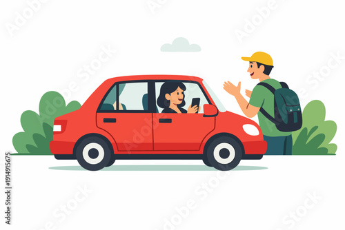 Ride Sharing Service Illustration: Woman Driver in Red Car Picking Up Male Passenger Using Mobile App for Transportation and Travel.