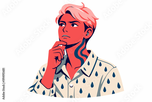 Modern Vector Illustration of Person Thinking. Young, Androgynous Character Pondering Decision or Idea with Hand on Chin. Graphic Style Portrait.