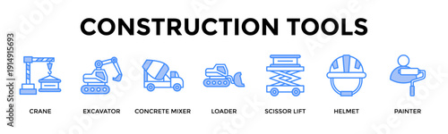 Construction Tools Banner Web Icon Set Collection Pack Vector Illustration Concept For Crane, Excavator, Concrete Mixer, Loader, Scissor Lift, Helmet, Painter