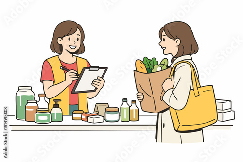 Smiling customer buying organic groceries from a store employee taking an order. Retail shopping and customer service interaction illustration.