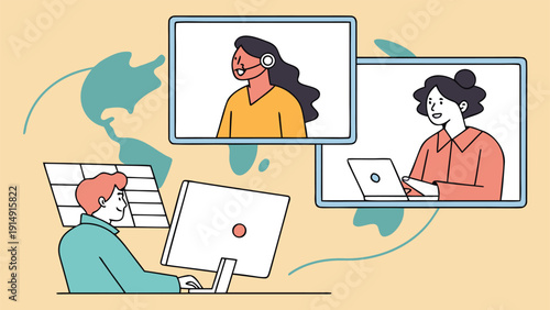 Collaborative virtual meeting with diverse team members engaged on laptops and tablets