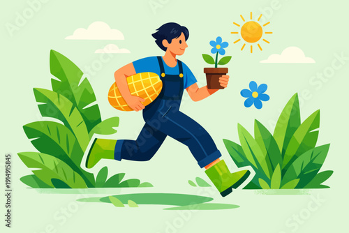 Energetic Gardener Running with Seed and Potted Flower for Sustainable Growth and Spring Planting Illustration.