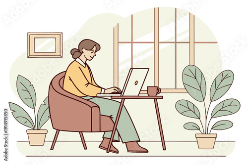 A person working on a laptop with a cup of coffee in a cozy indoor setting.