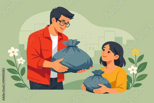 Community Service: Man and Woman Carrying Recycling or Donation Bags. Volunteers participating in environmental cleanup effort.