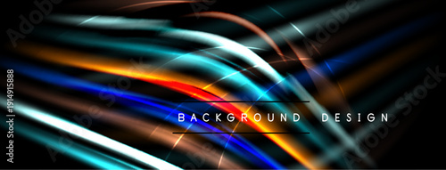 Abstract neon lines create dynamic background. Bright colors blend, forming futuristic design. Dark space emphasizes glowing elements.