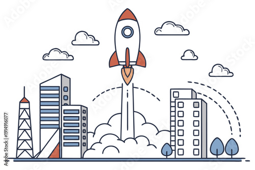 Illustration of a futuristic city with a launching rocket amidst urban skyline