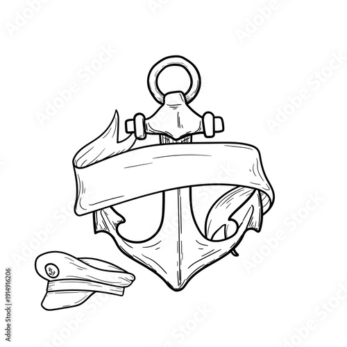 Ship's anchor and ribbon, blank manuscript for text, sketch. Vector illustration. Scroll, captain's cap and sea anchor, isolated on a white background. The theme of the ocean, sea travel and shipping.