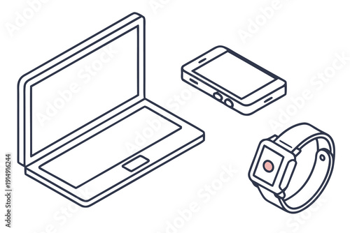 Assorted portable electronic devices including a laptop, tablet, and smartwatch