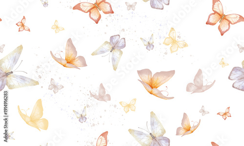 Cute butterflies in pink and purple shades on a seamless pattern. Watercolor illustration. A fluttering insect with wings, isolated on a white background.