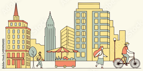 Colorful illustration of a vibrant city skyline with modern buildings and skyscrapers.