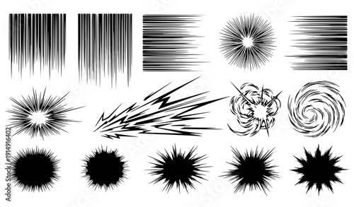 Manga comic motion line and anime explosion vector set