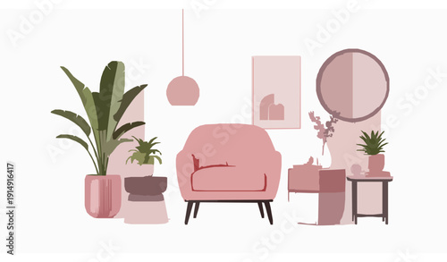 Trendy Modern Living Room Interior with Pink Lounge Armchair and Oversized Green Plants 3D Vector Illustration