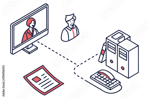 Remote video conference setup with desktop and mobile devices connected to a server