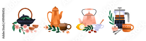 Different types of tea set. Various herbal drinks with leaves, hibiscus and jasmine. Teapots, cups and infusers for Chinese beverages. Kettles and mugs. Flat isolated vector illustrations on white