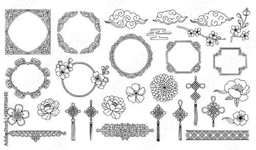 Chinese hand-drawn design elements vector set – clouds, flowers, frames