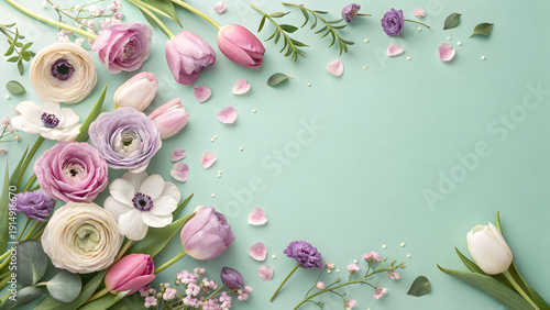 An ultra-realistic luxury editorial key visual. A top-down premium flat-lay set against a soft pastel gradient background (pearl blush fading into spring mint)