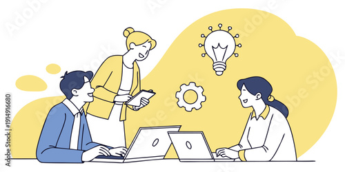 Team collaborating on project using technology and creative brainstorming techniques