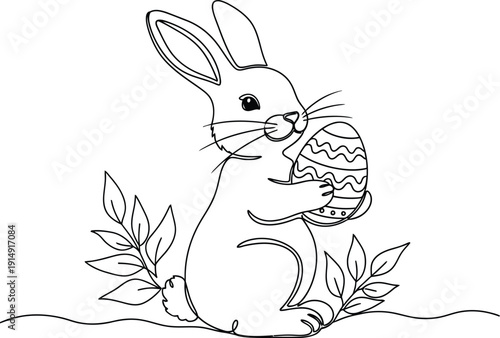 Minimalist one line drawing depicts a cute bunny rabbit tenderly holding a beautifully decorated easter egg nestled among spring foliage and delicate grasses
