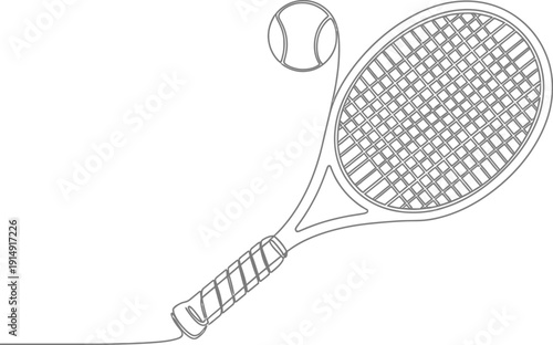 Minimalist continuous line drawing depicts a tennis racket poised near a fuzzy ball ready for a powerful serve or volley during a match.