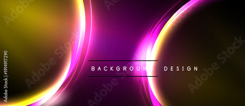 Abstract design features curved lines, vibrant colors. Gold, magenta hues create dynamic visual effect. Background is black.