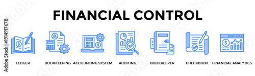 Financial Control Banner Web Icon Set Collection Pack Vector Illustration Concept For Ledger, Bookkeeping, Accounting System, Auditing, Bookkeeper, Checkbook, Financial Analytics