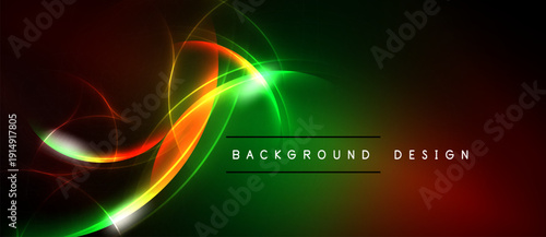 Vibrant abstract design features flowing lines, green, red, orange hues. Dark background enhances luminosity, creating dynamic visual effect.