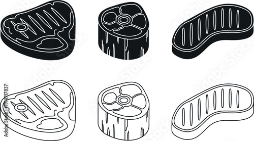 Set of black and white vector steak cuts including ribeye T-bone and strip meat illustrations in minimalist engraving style