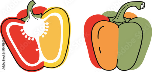 Bell Pepper Illustration Set with Whole and Cut Capsicum Vegetables for Healthy Cooking Organic Food and Farm Market Design