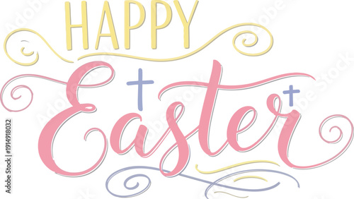 Beautifully stylized happy easter greeting featuring delicate script typography and subtle cross embellishments on a clean white background