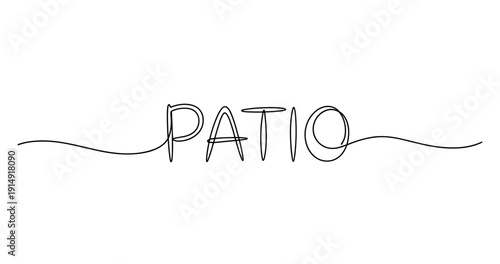 Minimalist continuous line drawing of the word patio in black on white background. No editable strokes