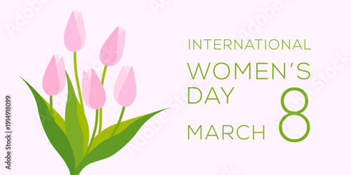 International Women's Day background with horizontal banner featuring pink tulips, vector illustration